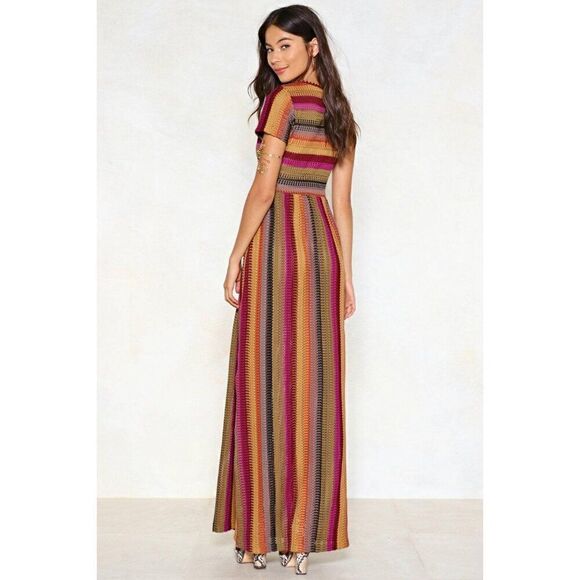 NWOT Nasty Gal Crochet Fuchsia Pink Tan Stripe Short Sleeve Maxi Dress - Picture 3 of 11